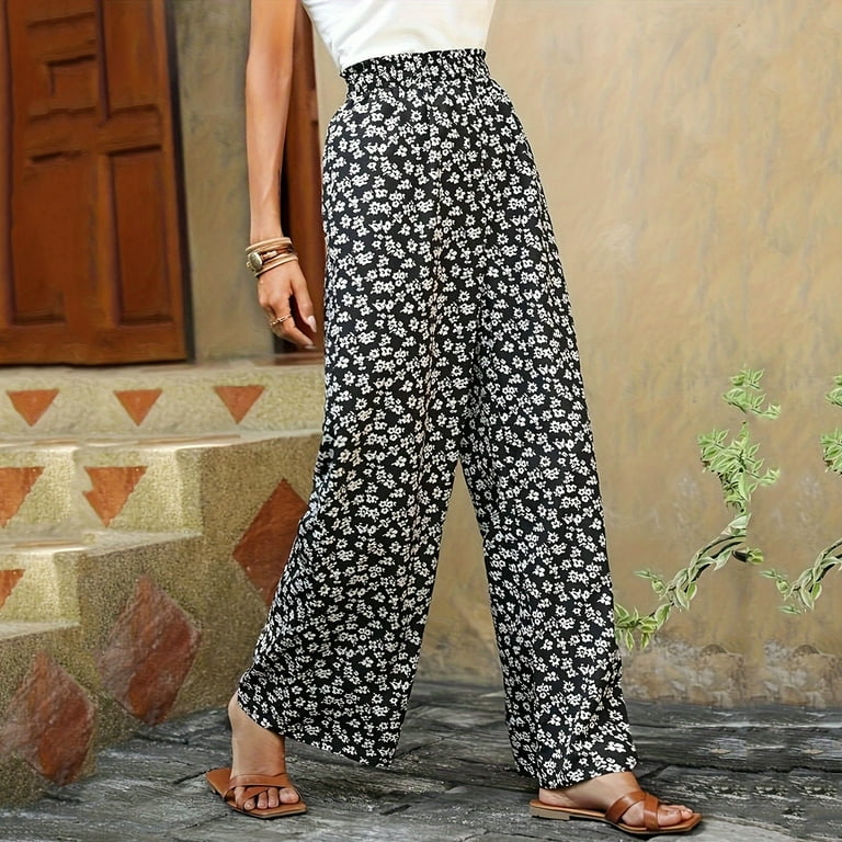 navy blue dress for baby girl Dihao Winter Womens Pants Plus Size Floral Printed Cropped Pants Women  Casual Trousers High Waisted Loose Straight Leg Stylish Pants Suit Pants