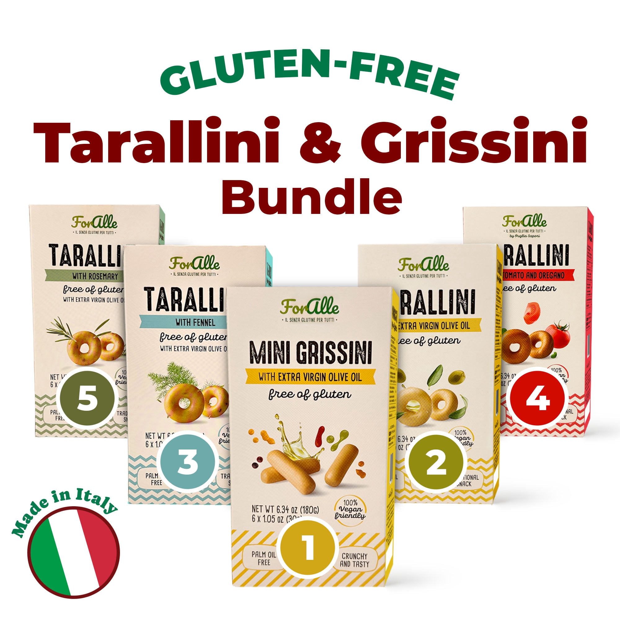 For Alle Gluten-Free Tarallini and Mini Grissini Bundle, Set of 5 – Traditional Italian Pugliese Snack with Extra Virgin Olive Oil, Fennel, Rosemary, Tomato and Oregano. Oven-Baked. Vegan