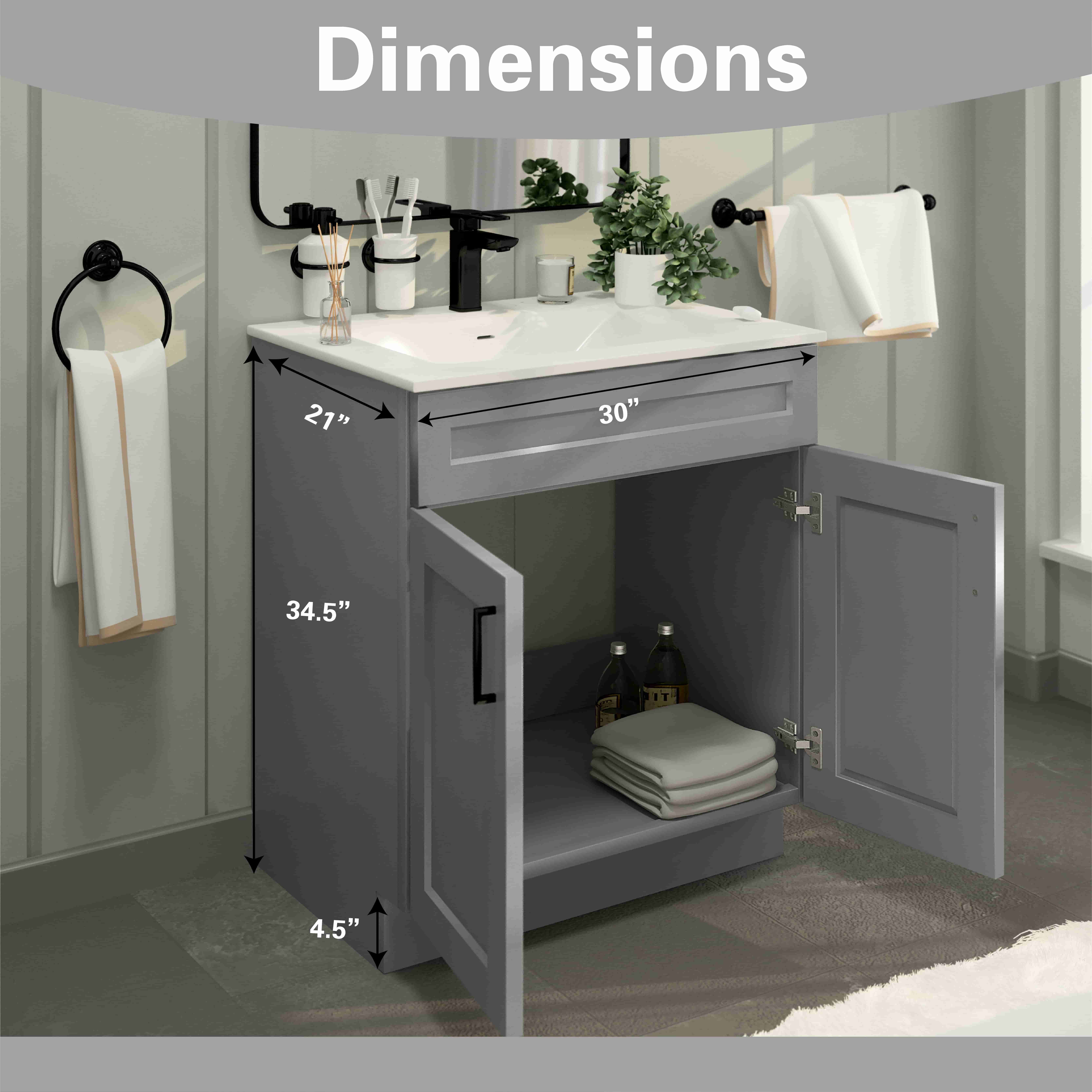 Light Grey Shaker Sink Base Bathroom Vanity Ready-to-Assemble Cabinet 30" Width