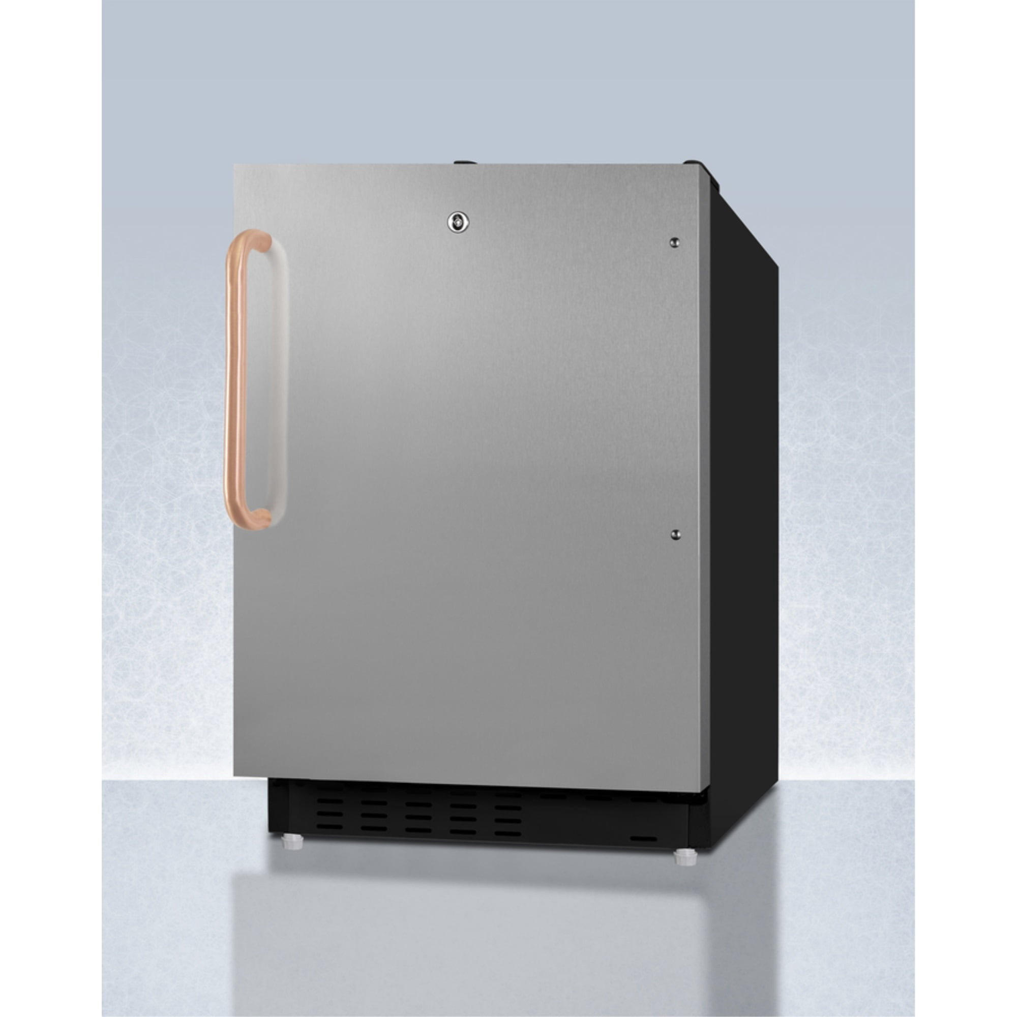 20" wide built-in undercounter ADA compliant refrigerator-freezer with a stainless steel door, front lock, and copper handle