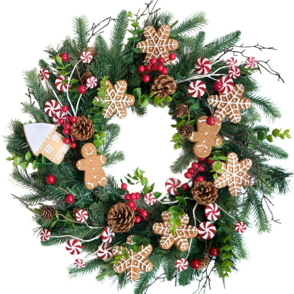 Christmas Winter Wreaths for Front Door, 24 Inch Christmas Wreath with Candies, Pine Cones, Gingerbread Men Decoration Wreath for Indoor Outdoor Farmhouse Home Wall