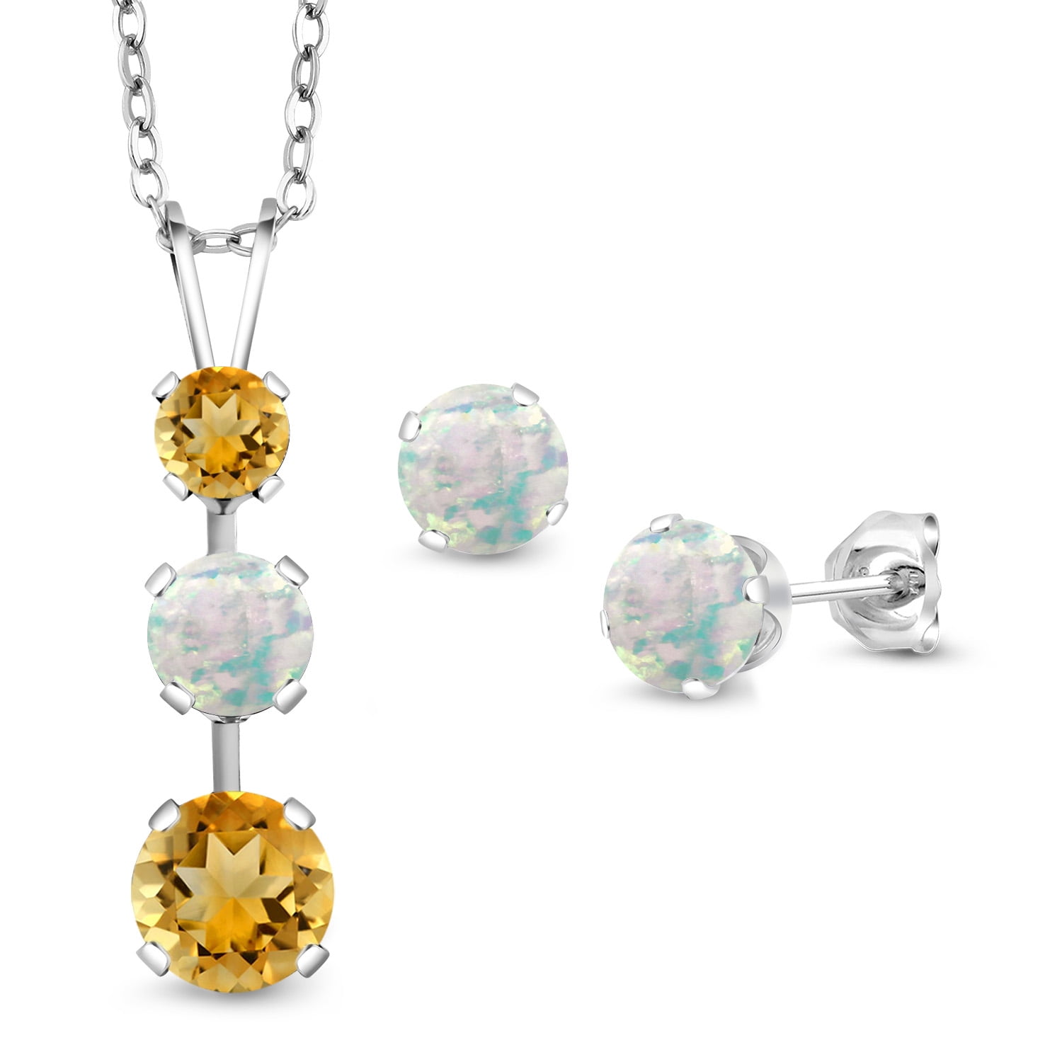 Gem Stone King 925 Sterling Silver Yellow Citrine and White Opal Pendant and Earrings Jewelry Set for Women (2.56 Cttw, Gemstone November Birthstone, with 18 inch Chain)