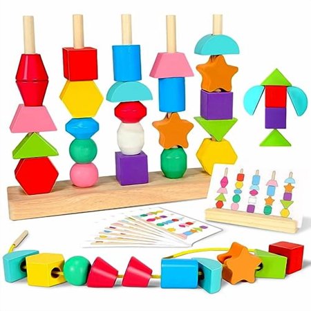 Montessori Toys for 2 3 4 Year Old Wooden Shape Matching Game & Lacing Beads Preschool Learning Activities Fine Motor Skills Toys Sorting Stacking Toddler Toys Age 2-4 Boys Girls