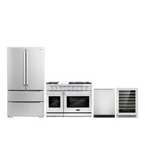 Cosmo 4 Piece Kitchen Appliance Package with 48" Freestanding Gas Range 24" Built-in Integrated Dishwasher French Door Refrigerator & 48 Bottle Freestanding Wine Refrigerator Kitchen Appliance Bundles