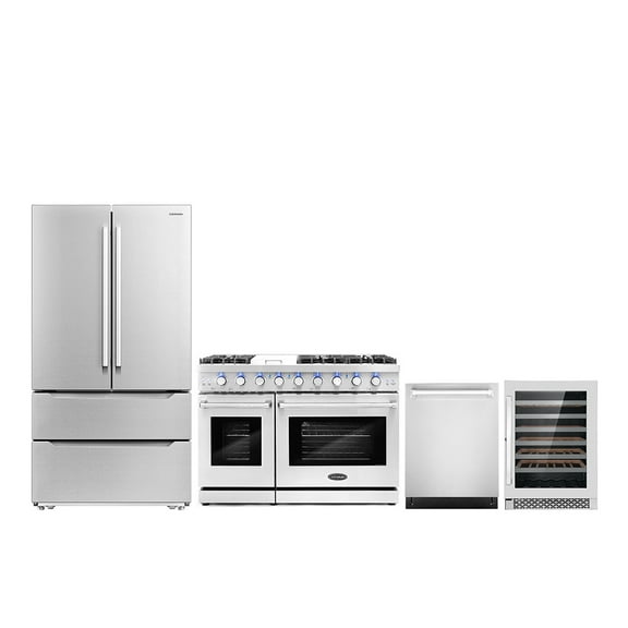 Cosmo 4 Piece Kitchen Appliance Package with 48" Freestanding Gas Range 24" Built-in Integrated Dishwasher French Door Refrigerator & 48 Bottle Freestanding Wine Refrigerator Kitchen Appliance Bundles