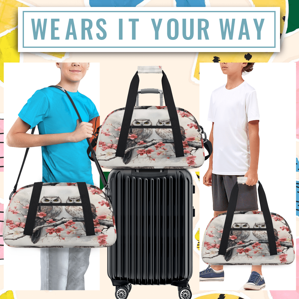 Herdesigns Vintage Birds Sports Duffle Bag for Women & Men, Owl Gym Bag Dance Bag Overnight Bag Carry On Weekender Travel Bag