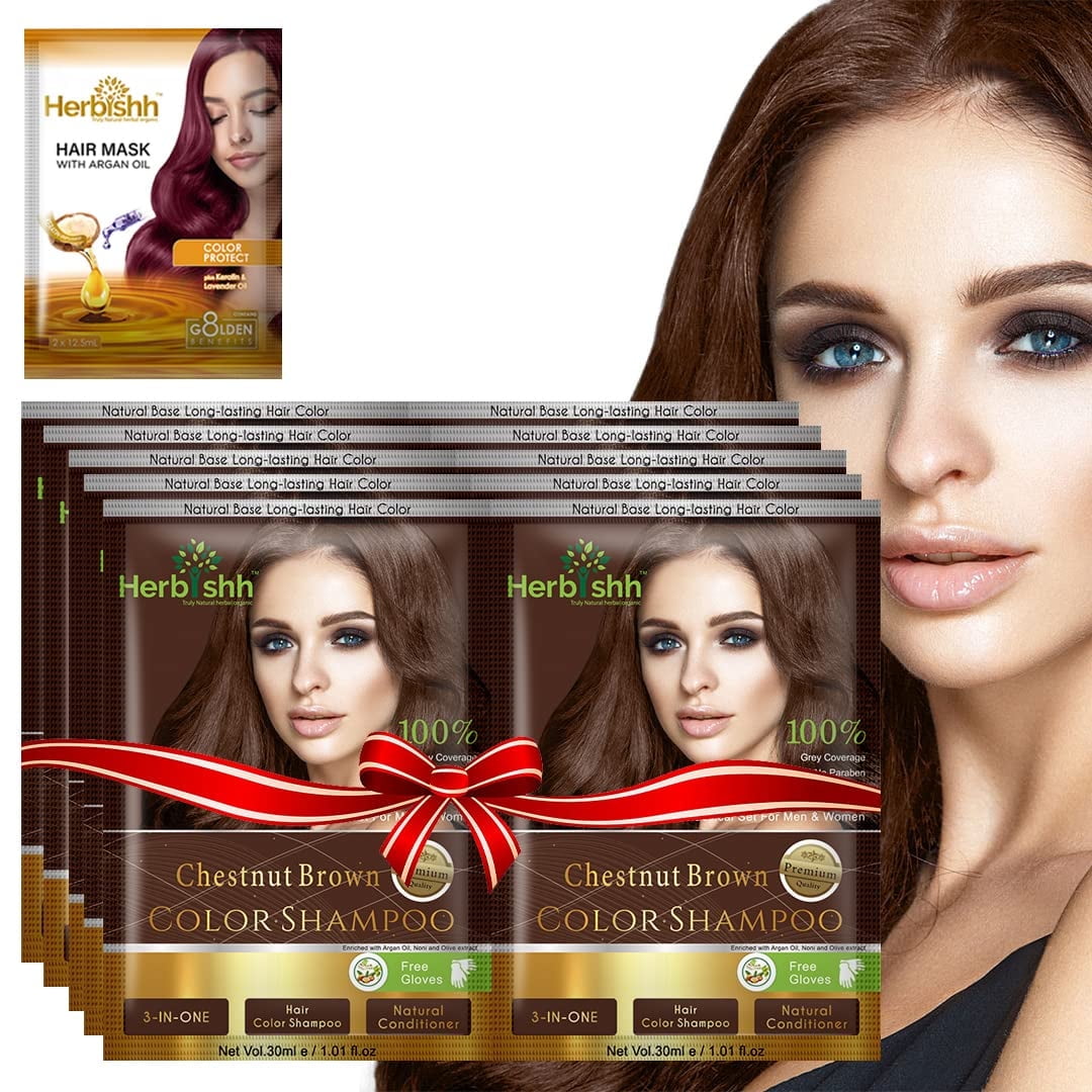 (3 pack) Herbishh Hair Color Shampoo for Gray Hair, Men & Women, Travel Size, 10+1 Pack (Chestnut Brown 30 ml)