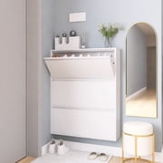 Marcree Shoe Cabinet with 3 Flip Drawers, Metal Entrance Shoe Cabinet Storage for Entryway, Modern Hidden Narrow Shoe Rack Organizer Cabinets Wall Mount for Living Room, Bedroom, Hallway, White