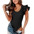 thumbnail image 1 of Body con cuello en V y manga con volantes para mujer, camiseta básica ajustada a presión con parte inferior elástica, mono negro M, 1 of 7