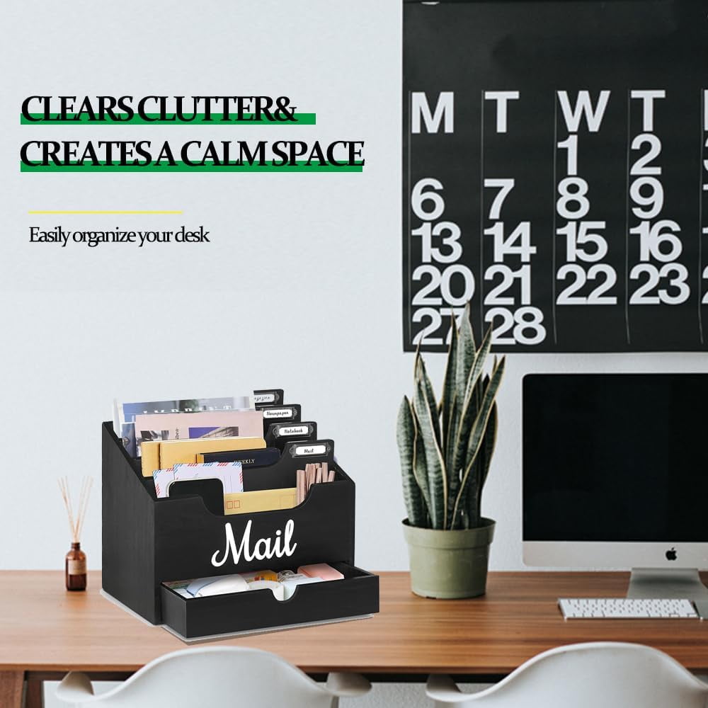 Wood Desktop Mail Organizer, Mail Organizer Countertop with 4 Compartments and Drawer for File Letter Paper Folder