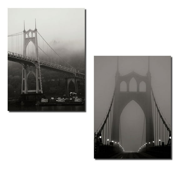 2 Black & White St. John's Bridge Portland at Dawn; Two 11x14in Poster Prints