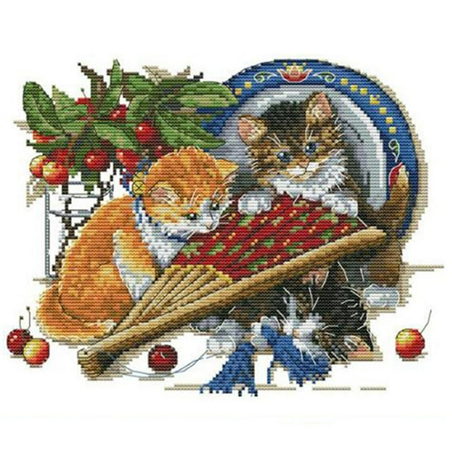 GUOOL Estampillé Chat Fan Animal Point de Croix 11ct/14ct Compté Broderie S Cadeaux 11CT 44X37cm