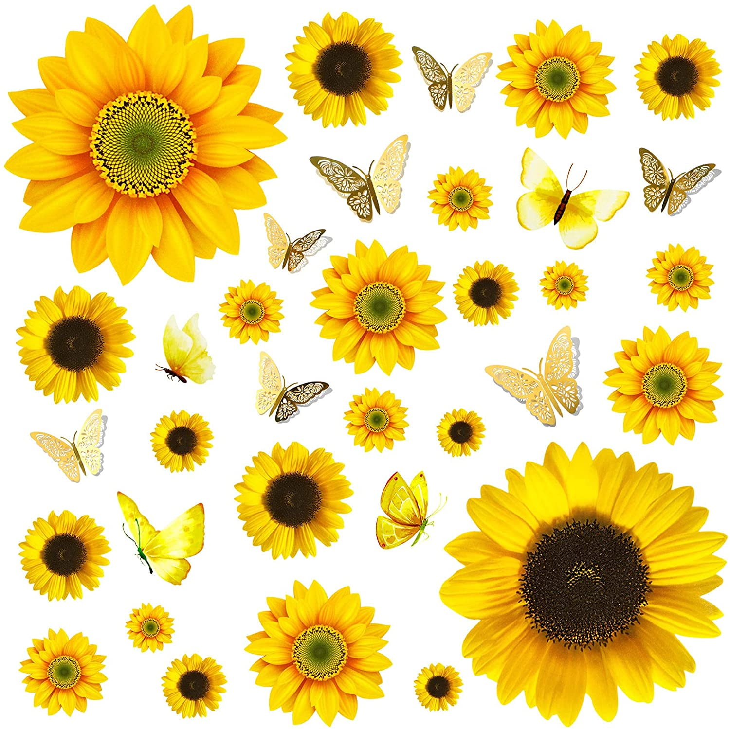 Sunflower Wall Decals with Butterfly Removable Yellow Flower Wall Stickers Self-Adhesive Vinyl Sunflower Stickers for Bedroom Living Room Kitchen Wall Decor Sunflower Wallpaper Wall Decoration 
