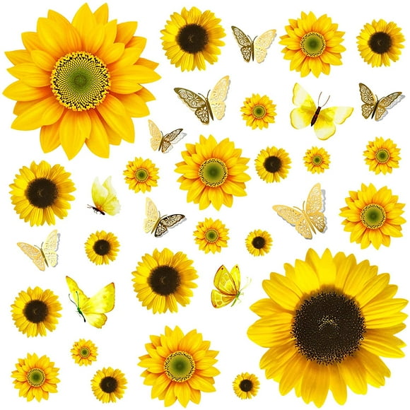 39 PCS Sunflower Wall Stickers with 3D Butterfly Stickers - Removable Yellow Flower Decals