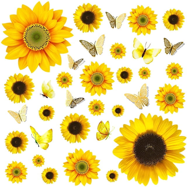 Decoración de pared de girasol – 39 pegatinas de girasol para paredes con mariposa 3D, pegatina de pared, girasol, decoración de guardería, calcomanía extraíble de flores amarillas para decoración de cocina, baño, dormitorio Vhermosa WMZL-1726