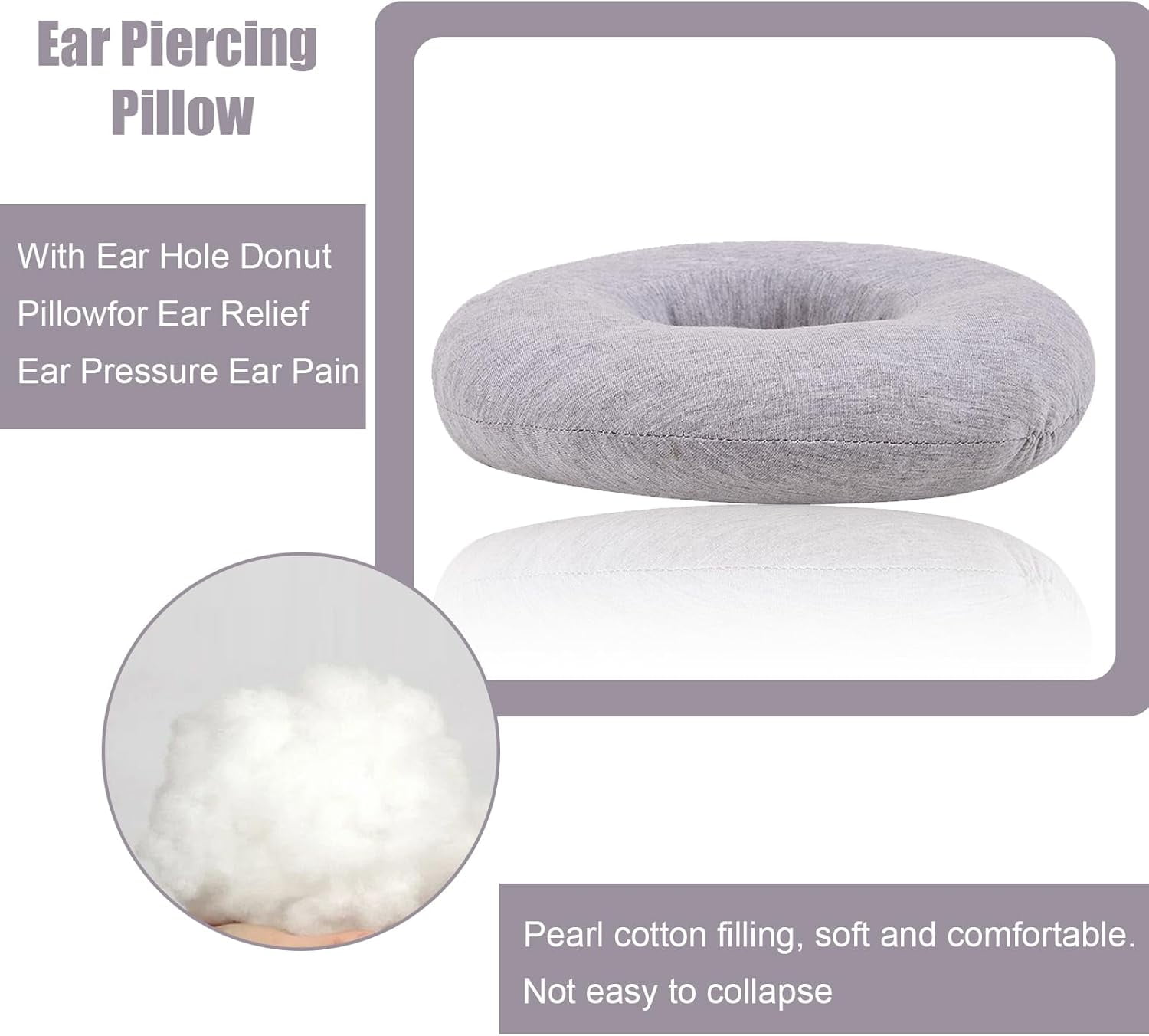 Numjaw Ear Piercing Pillow, 9" O-Shaped Pillow with Ear Holes, Doughnut Pillow for Ear Piercing, Side Sleepers, Relieve Ear Pain, Ear Inflammation (Grey)