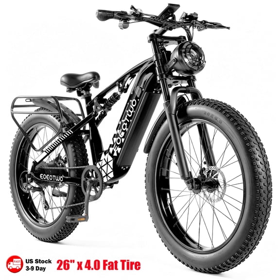 EOEOTWO E03 Electric Fat-Tire Bike, 750W Class 3 Hub Motor, 48V 17.5Ah Battery, 5 Speeds, Dual Suspension, 60-Mile Range, 28 MPH, Black