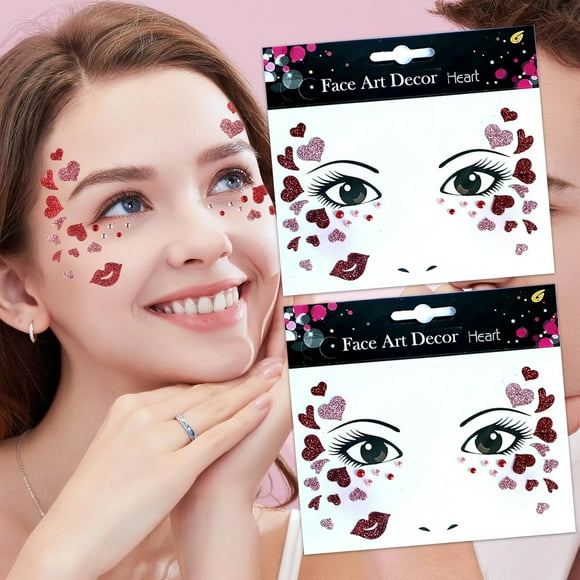Valentines Face Tattoos Stickers Glitter Face Jewels Sparkly Heart Lip Temporary Tattoo for Adult Kids Makeup Valentines Day Festive Cosplay Party Decoration Supplies Red Pink 2Pcs