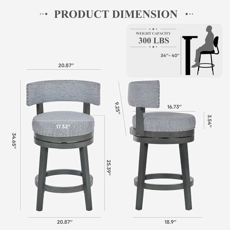COLAMY Swivel Bar Stools Set of 3, 25 Inch Counter Height Stools, Modern Upholstered Wood Bar Chairs with Back for Kitchen Island Dining Room Bar, Fits 34-40" Height, Gray