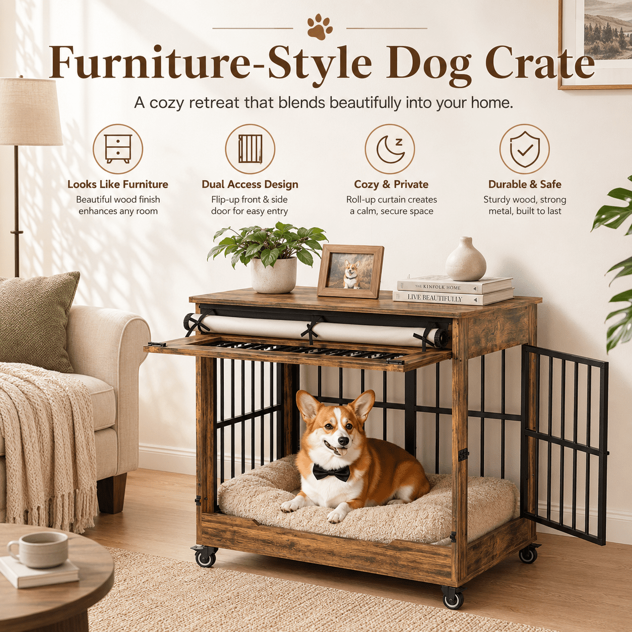 Aukfa 32.5-Inch Large Dog Crate Furniture, Indoor Dog Kennel Decorative Pet Cage End Table, Lift-Up Door, Curtain & Wheels,Rustic Brown