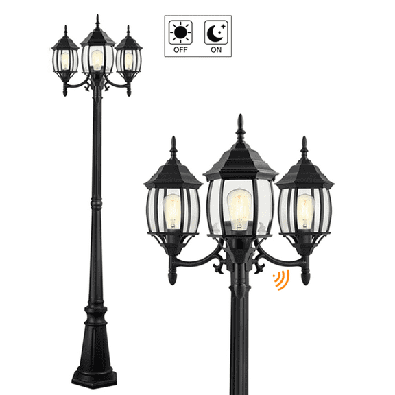 3-Light 85.43"in Matte Black Outdoor Post Light with Dusk to Dawn