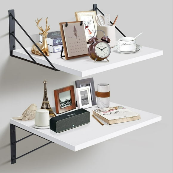 2 Pc Wood Floating Shelves for Wall Decor - 16” x 12” Deep Wall Mounted Hanging Shelves with Iron Brackets; Book Wall Shelf Set;