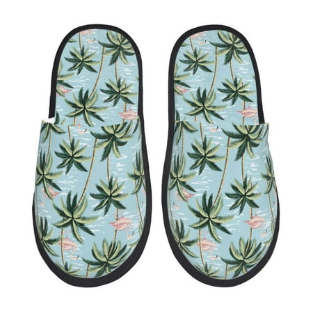 Balery Flamingos And Palms Slient Indoor Furry Fleece Comfort House Shoes Soft Non-Slip Home Shoes Cotton slippers House Slippers-- Large