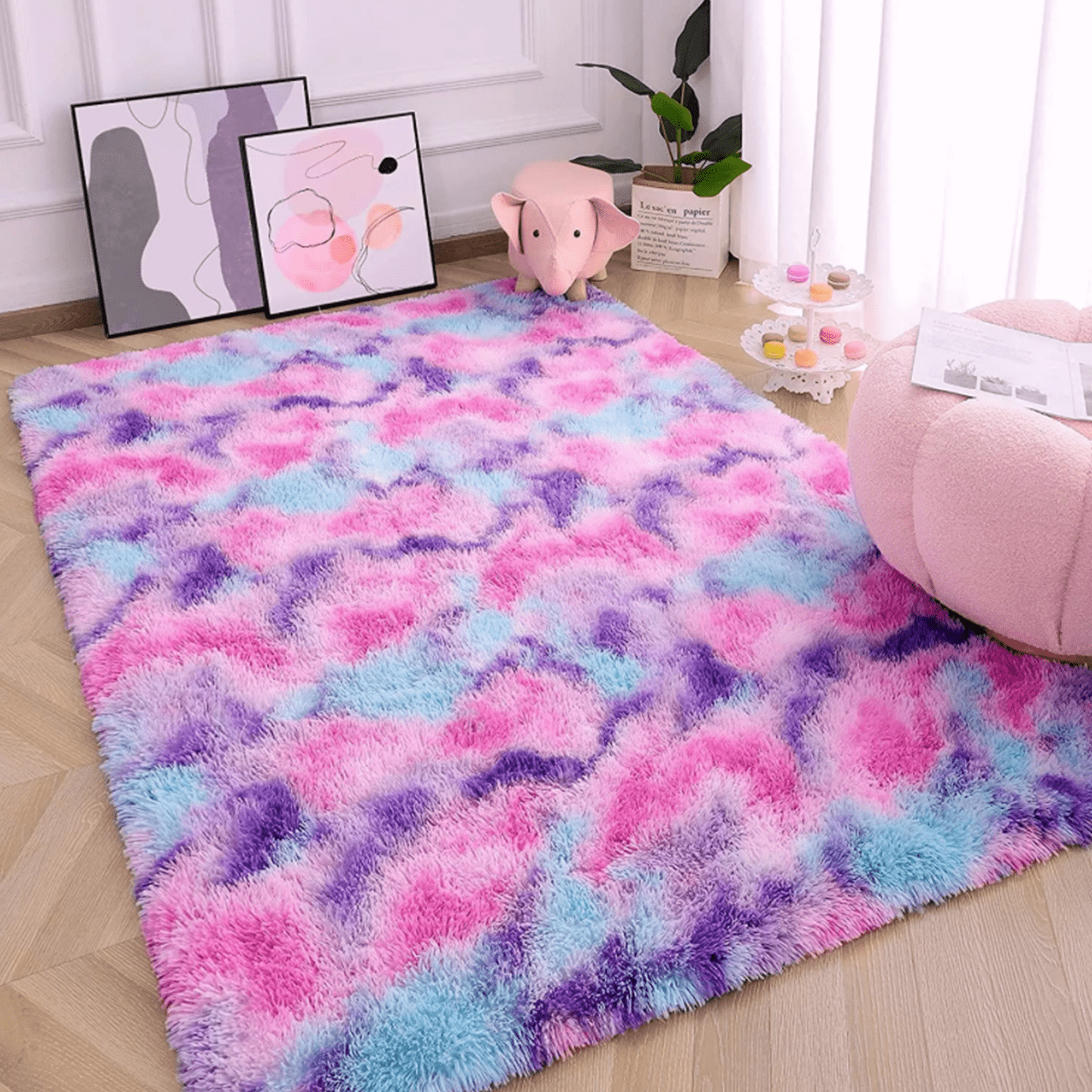Homore Cute Fluffy Rainbow Area Rugs for Girls Room, Soft Shaggy Colorful Rugs Plush Floor Carpets Princess Rug for Bedroom,5'x8',Hot Pink