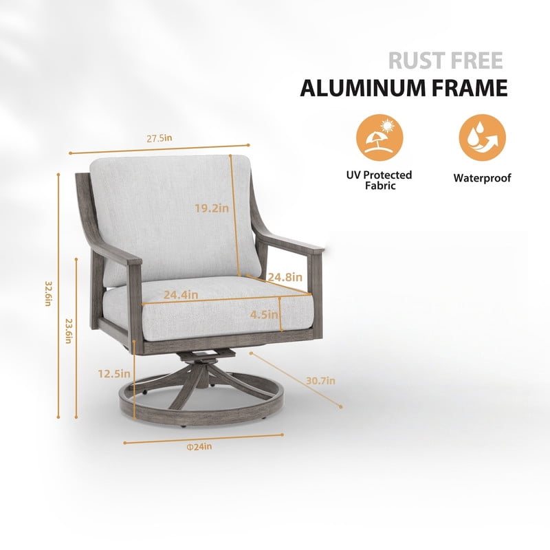 1-Piece All-Weather Swivel Armchair, Aluminum Frame Outdoor Dining Chair with Back & Seat Cushions