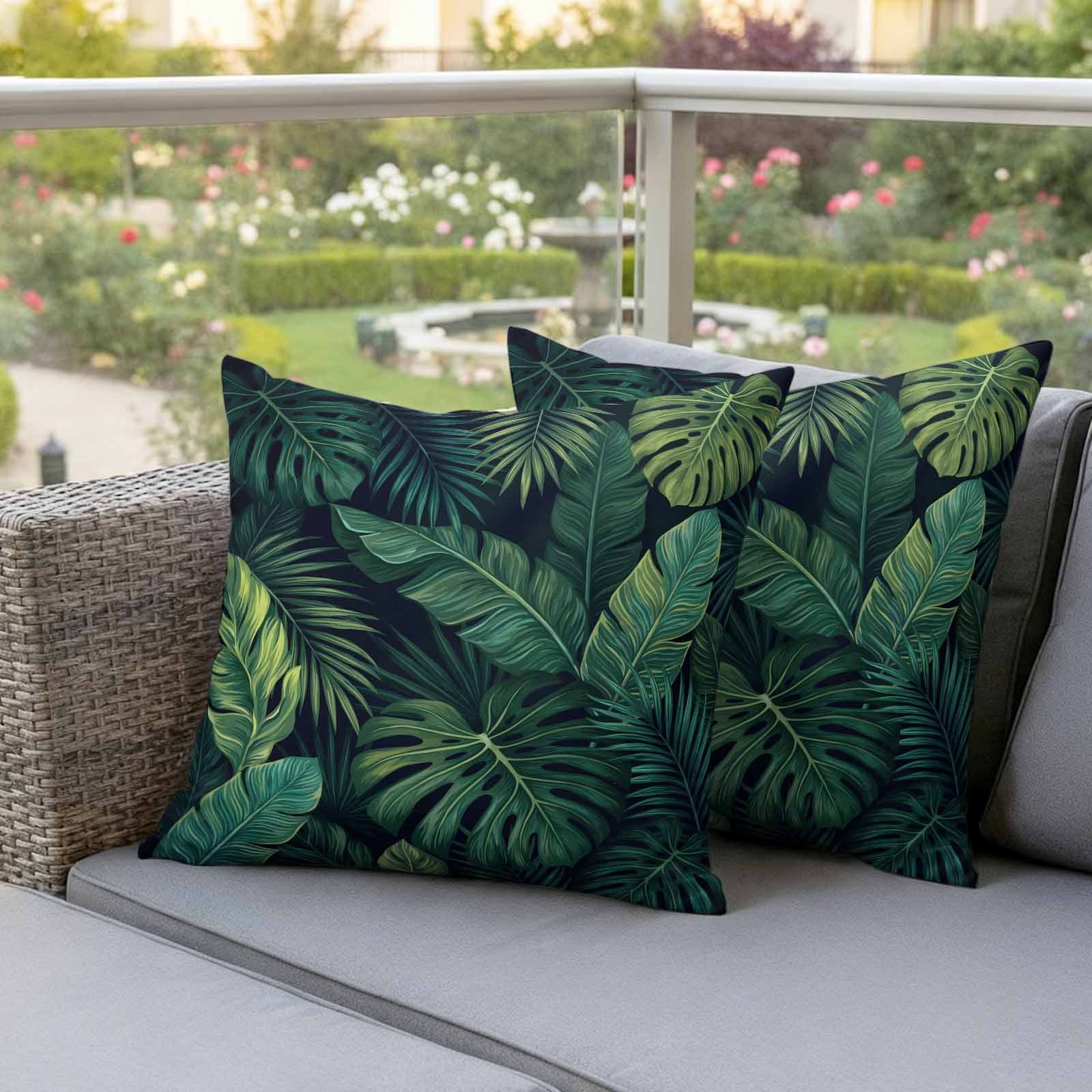 Tropical Plants Outdoor Waterproof Throw Pillow Covers 20x20 Set of 2, Summer Watercolor Green Palm Leaves Decorative Pillowcases Cushion Pillowcase for Couch Sofa Patio Outside Pillow Protector