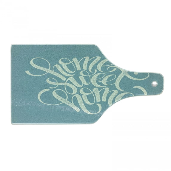 Saying Cutting Board, Hand Lettering Calligraphic Art with Grunge Look Housewarming Party, Decorative Tempered Glass Cutting and Serving Board, Wine Bottle Shape, Bluegrey Beige, by Ambesonne