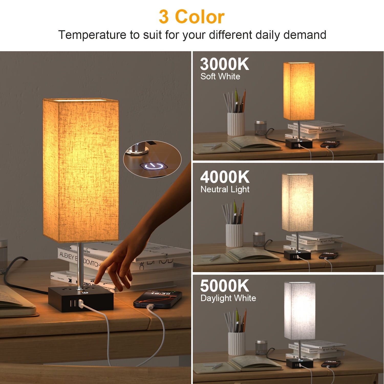 Hansang Bedside Table Lamps 2-Pack, Touch Control Nightstand Lamp with 3 USB Ports & 2 AC Outlets, Square Linen Shade, Warm White Light, E26 LED Bulb Included for Bedroom and Living Room