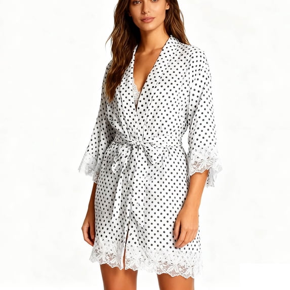 PRINxy Women's Luxury Satin 4 Piece Home Loungewear Set Tie Front Robe Long Sleeve Pants Silky Soft Sleepwear White XS