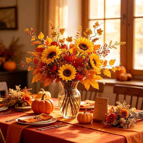 Artificial Fall Floral Pick, Sunflower Stem with Mini White Pumpkin Maple Leaves Berries, Flexible Wired Autumn Sprig for Vase Table Thanksgiving Halloween Christmas Home Decor