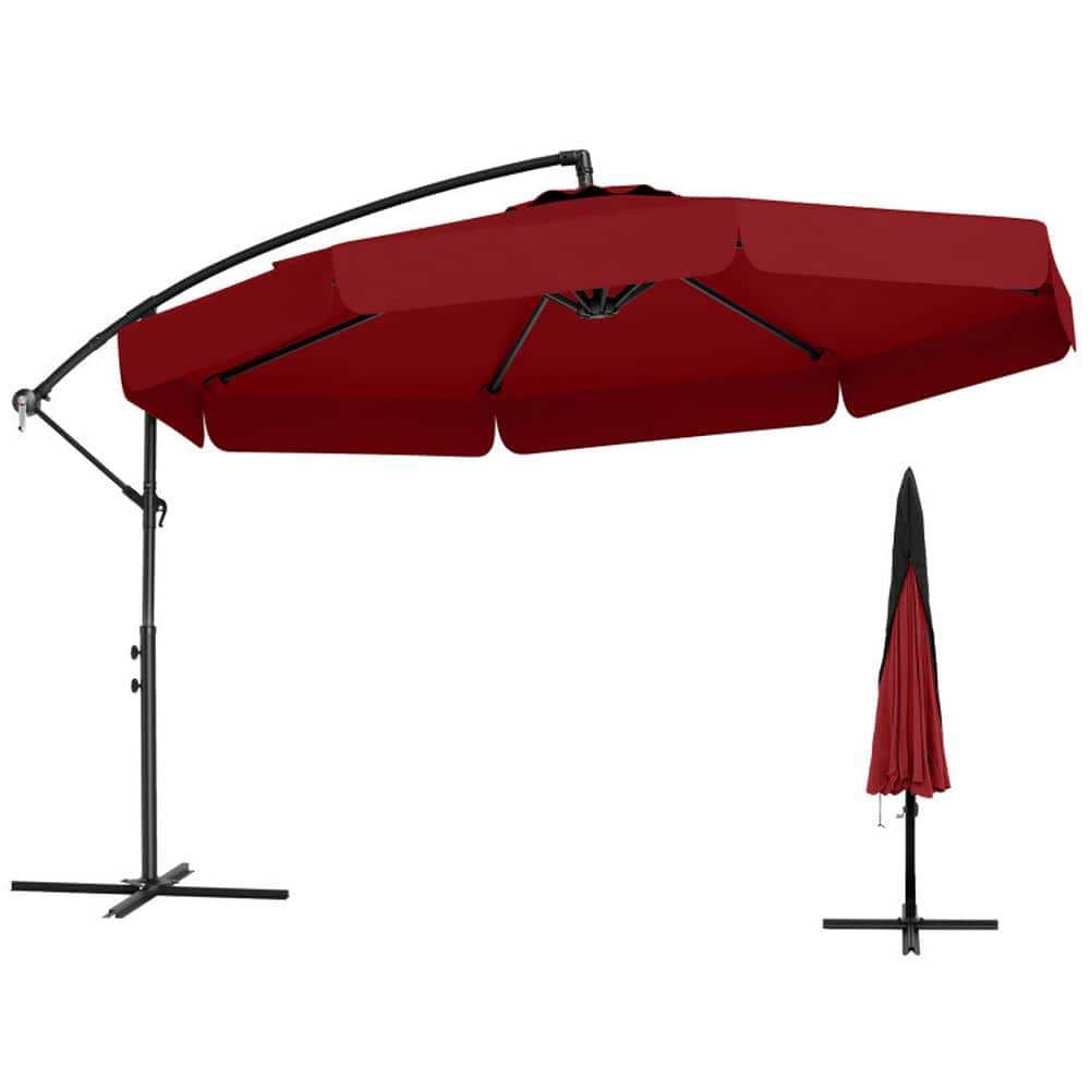 Spaco 10 Feet Patio Cantilever Umbrella, Outdoor Shade with Cover Tilt Adjustment and Ruffled Edge, Wine Red