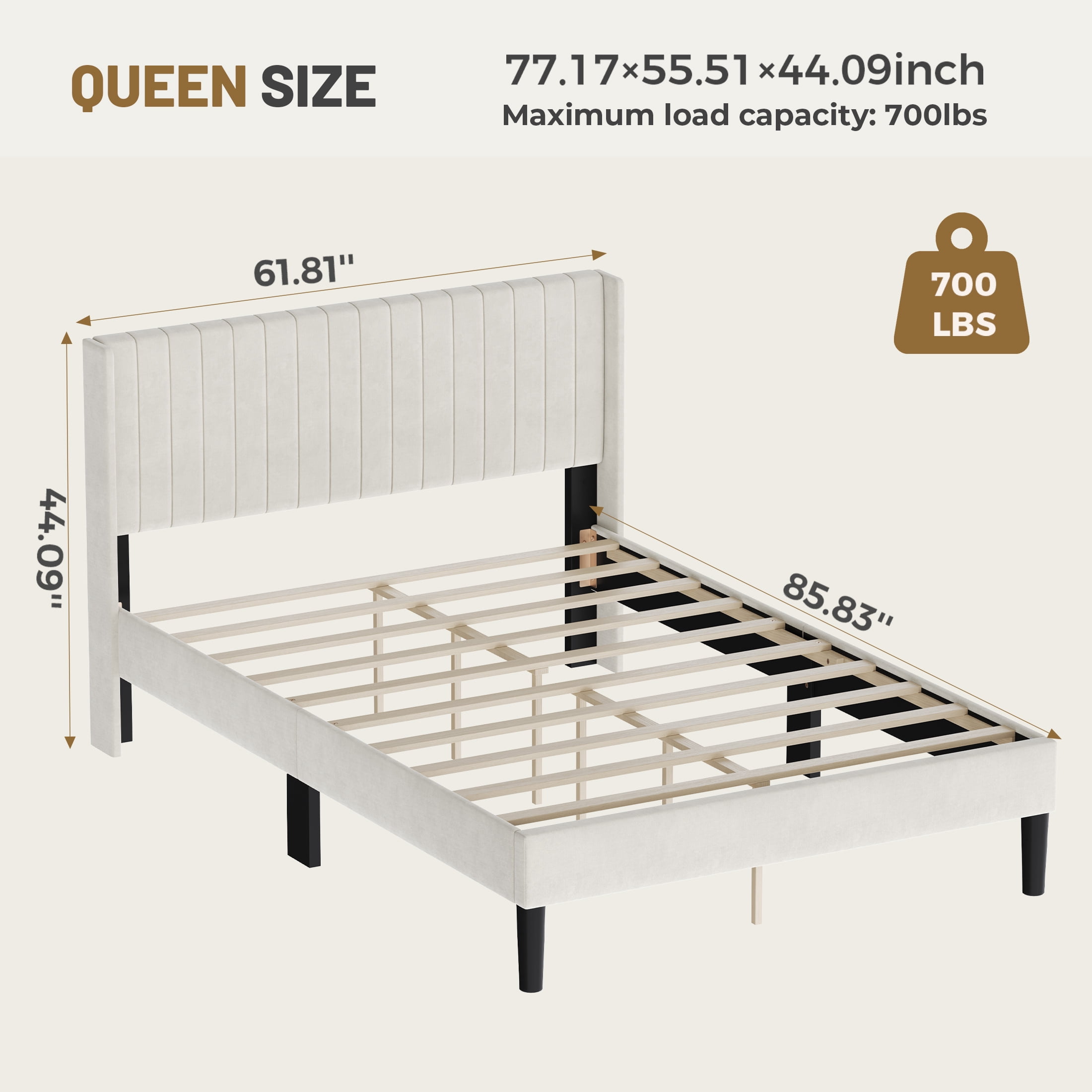 EDX Queen Size Upholstered Platform Bed Frame with Padded Wingback Headboard, Modern Accent Bedroom Furniture, Beige Velvet