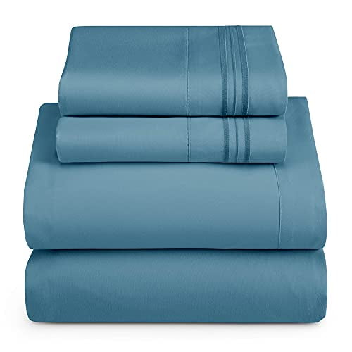 Draps Courts Taille Grand pour VR - Ensemble de Draps 4 Pcs, Draps de Lit de Luxe d'Hôtel Double Brossés - Draps et Taies d'Oreiller Extra Doux, Court Grand, Bleu Ciel