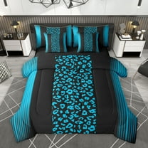 Homewish Fashion Cheetah Print Bedding Comforter Set 7 Pieces, Leopard Wildlife Animal Full Bedding Set, Blue Abstract Stripe Line Reversible Fitted Sheet Flat Sheet, Super Cozy Room Decor