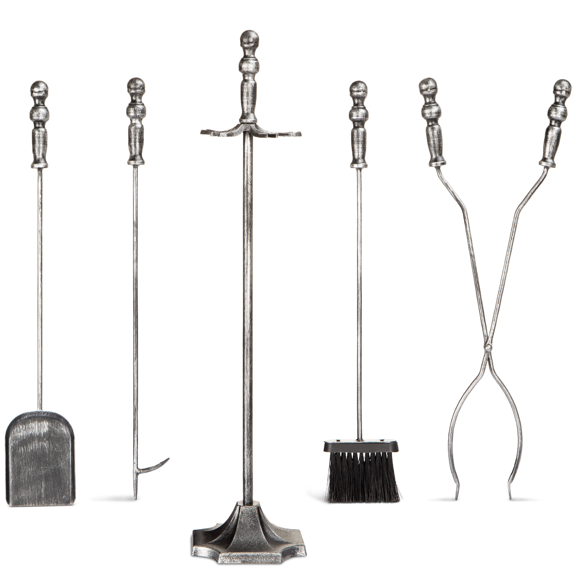 Relaxdays Modern Steel Fire Irons Tongs and Stand Poker Broom 5-Piece Fireplace Companion Set with Shovel Black 