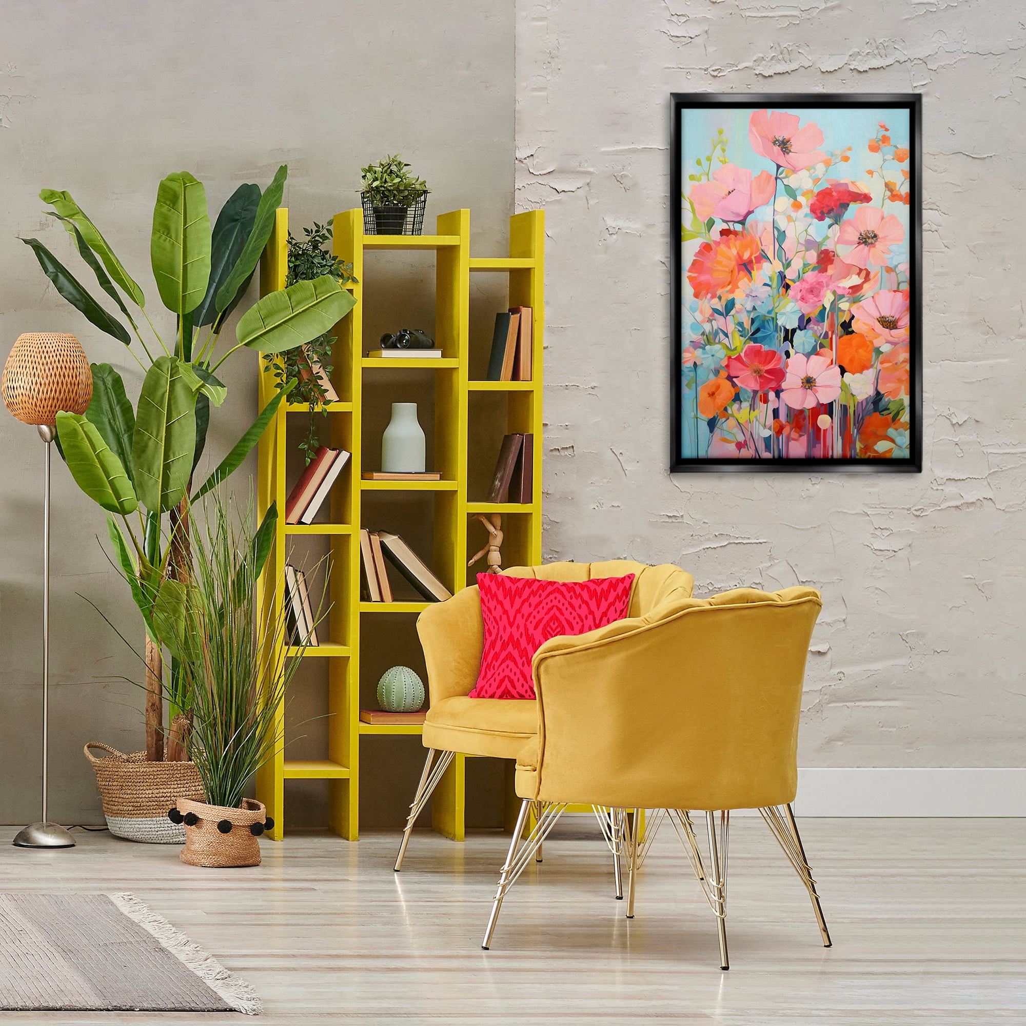 Stupell Industries Abstract Flowers on Blue Plants & Flowers Painting Black Floater Framed Canvas Art Print Wall Art, 21 x 31