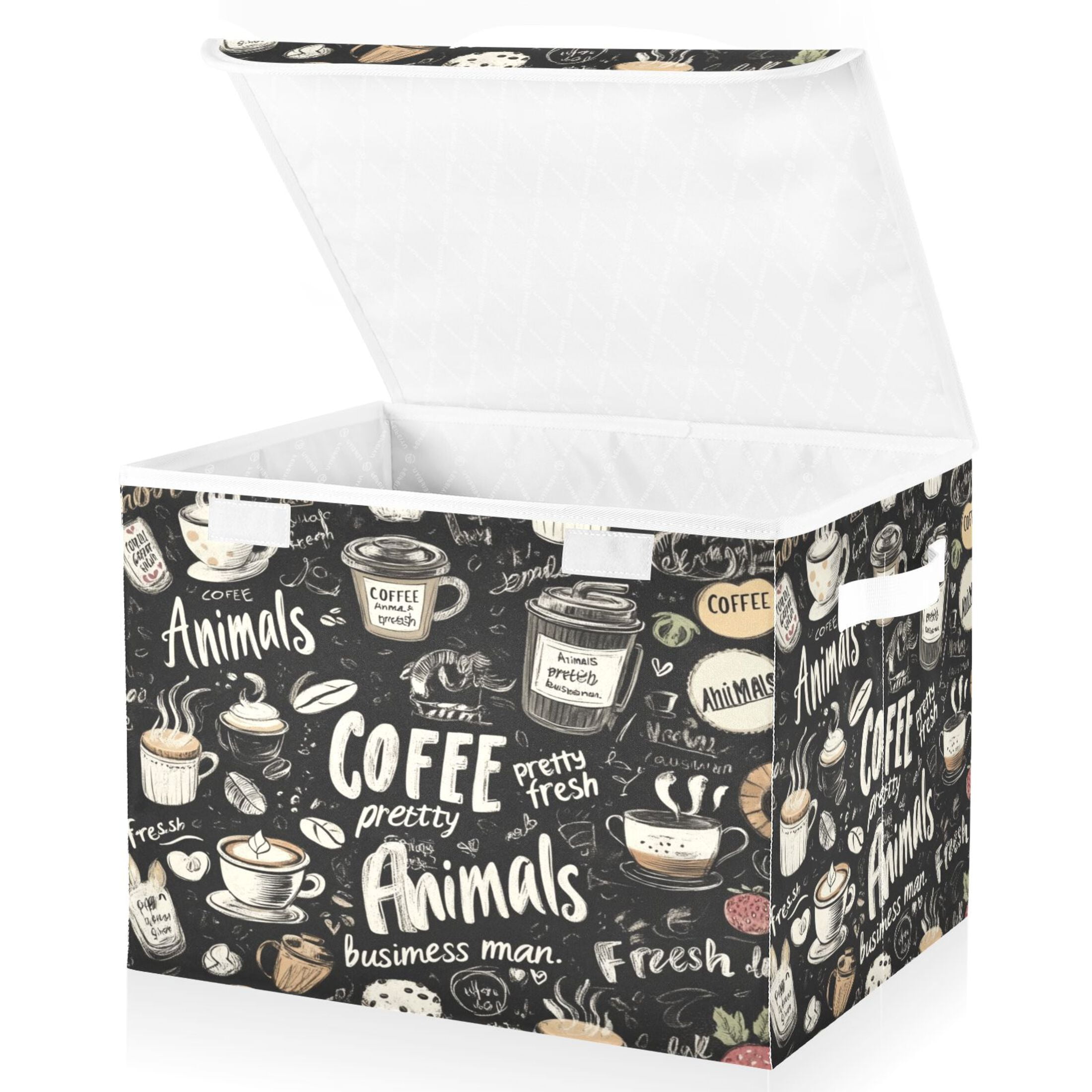 WOBOGO Coffee Picture Large Collapsible Storage Box Flip Lid Fabric Decorative Organizer Container Basket with Handles 16.5×12.6×11.8in