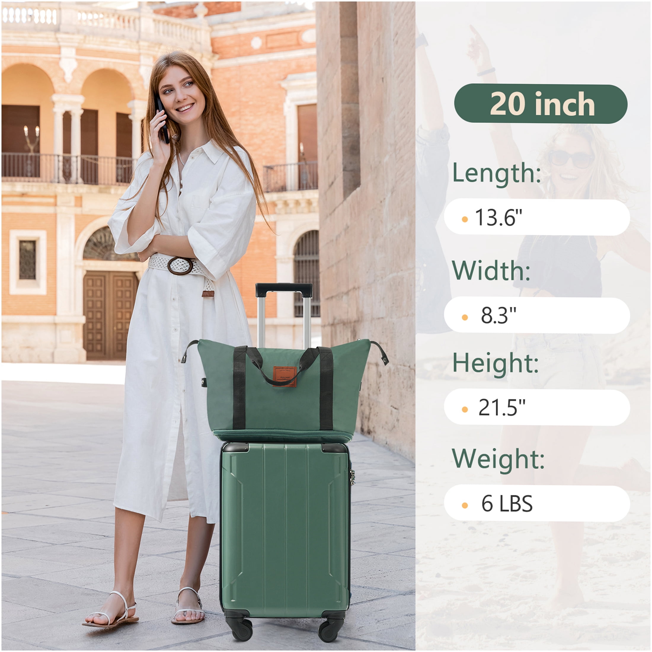 JERFIT 3-Piece Green Hardshell Spinner Luggage Set, 20 Inch Carry On ABS Suitcase with TSA Lock, Weekender Duffel & Toiletry Bag for Air Travel