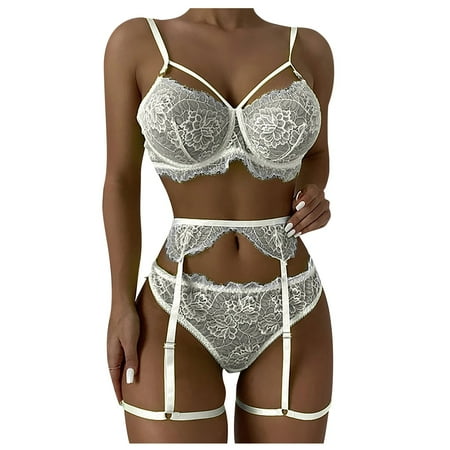 

DORKASM Women s Lace Strappy Bra and Panty Sets Sexy Plus Size Babydoll Lingerie Set Teddy Lingerie with Garter White XL