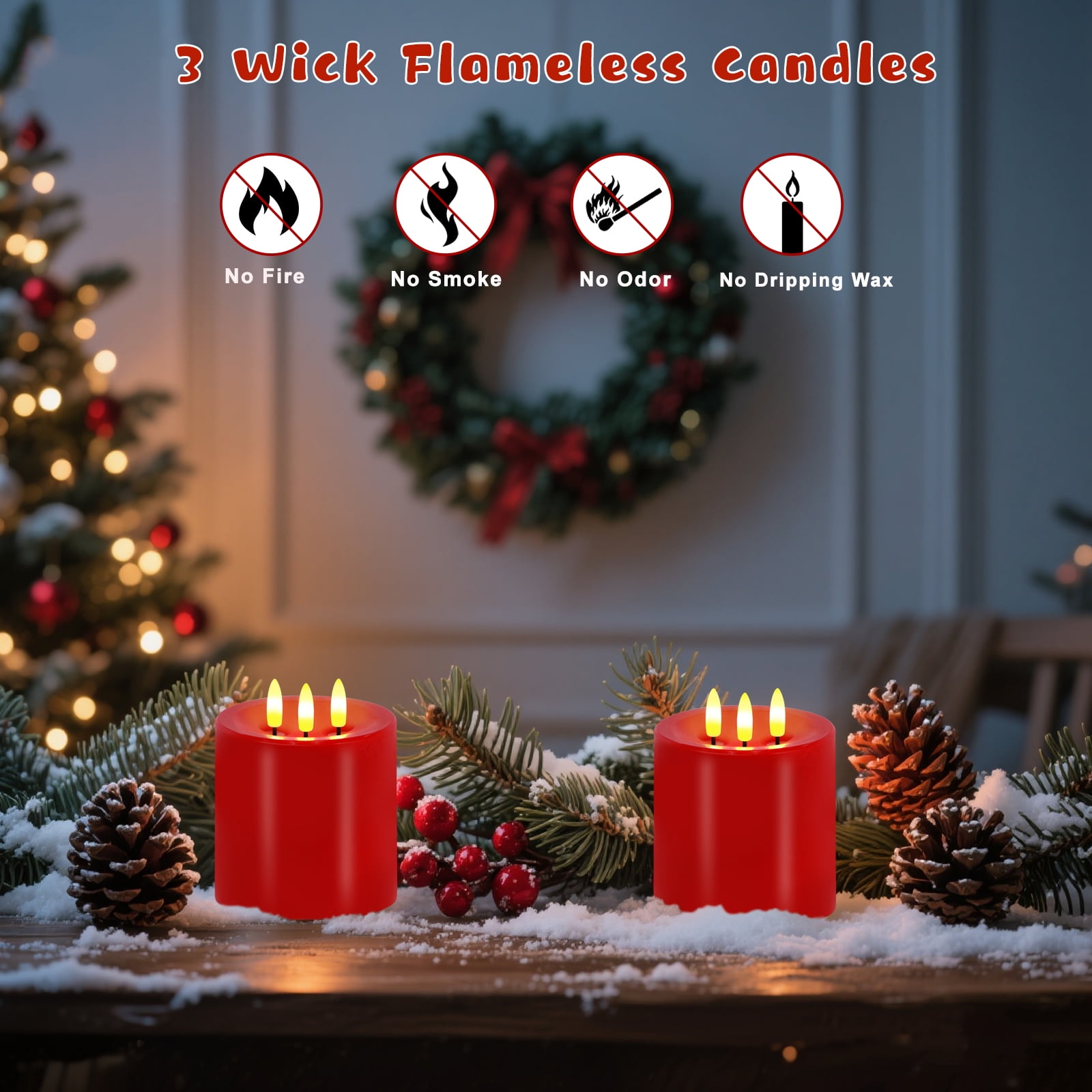 Large 3 Wick Flameless Candles Set of 2,  4"x4" Flickering Flameless Candles with Remote & Timer, Dimmable Real Wax LED Candles Battery Operated, Electric Pillar Candles for Home Xmas Decor