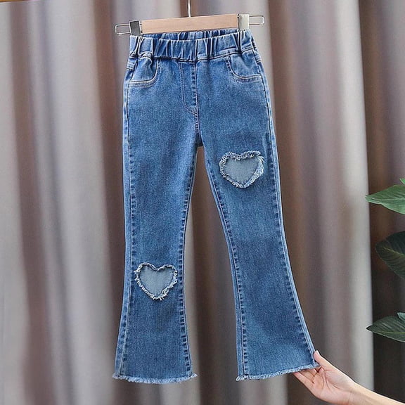 Crunowin Girls Kids Denim Jeans Heart Embroidery Flare Leg Soft Stretch Spring Fall Casual Pants Blue Size 11