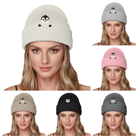 XIAOCHA Warm Fall‑Winter Beanie for Women,Penguin‑Embroidered Beanies,Daily Outdoor Headwear,Beige