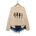 thumbnail image 3 of Women's Olive Green Cat Graphic Crewneck Sweater – Relaxed Long-Sleeve Knit Pullover-Apricot, 3 of 4