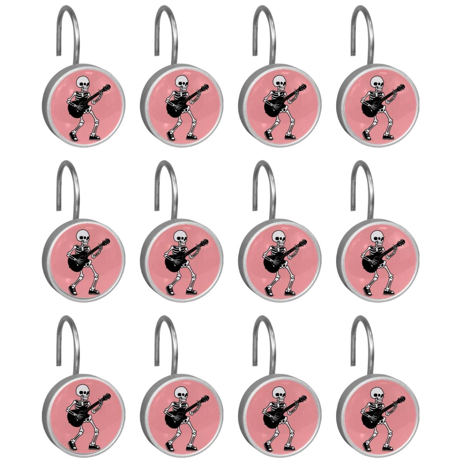 12pcs Decorative Shower Curtain Hooks, Rust Resistant Shower Rings for Bathroom Living Room,Rustproof Stainless Steel Rings for Shower Curtain and Liner Rods,Guitar Skeleton Pink