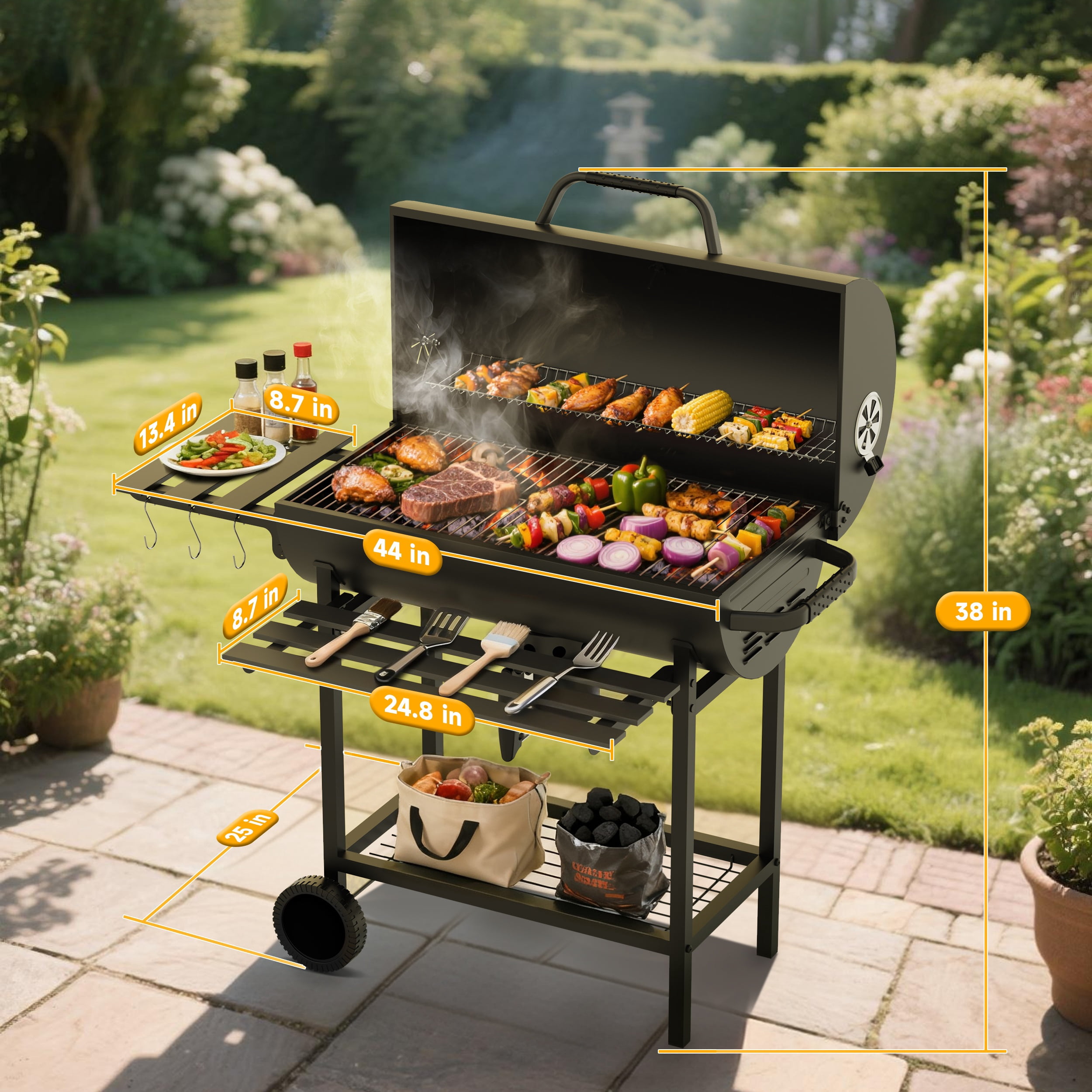 KOBENDA 29" Barrel Charcoal Grill with Foldable Side Table & Removable Ashtray for Backyard, Black