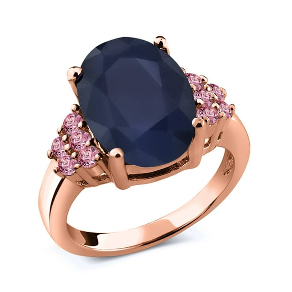 Gem Stone King 6.95 Ct Oval Blue Sapphire Pink Lab Grown Diamond 18K Rose Gold Plated Silver Ring (Size 6)
